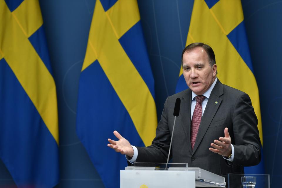 Sweden's Prime Minister Stefan Lofven gives a press conference on the new restrictions to curb the spread of the corona (Covid-19) pandemic, in Stockholm on November 11, 2020. - The Swedish government proposes an alcohol sale stop after 10 pm from November 20 until the end of February 2021. (Photo by Henrik MONTGOMERY / TT News Agency / AFP) / Sweden OUT (Photo by HENRIK MONTGOMERY/TT News Agency/AFP via Getty Images)