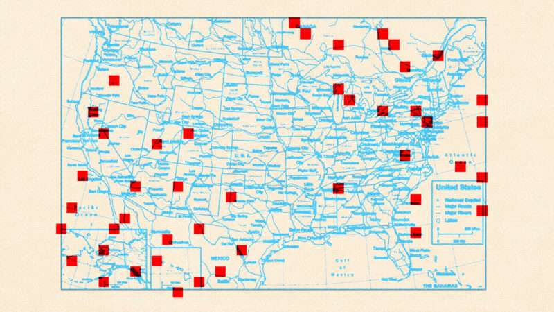 A surveyor's map of the United States pocked with red dots, to signify Americans migrating from high-tax to low-tax states.