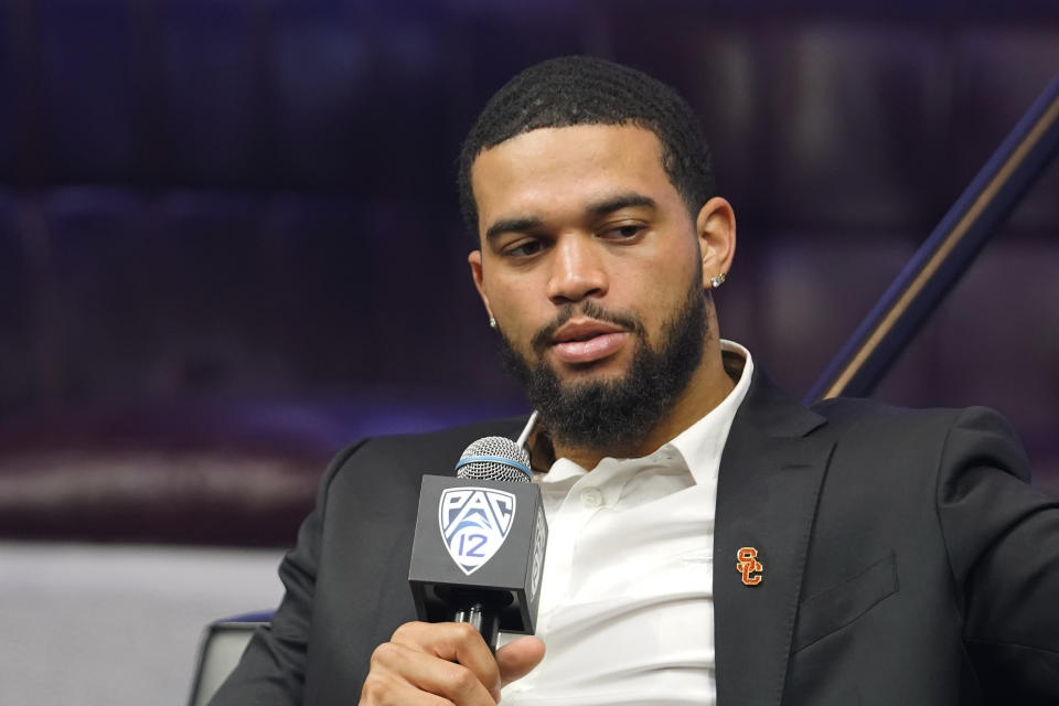 USC quarterback Caleb Williams speaks at the NCAA college football Pac-12 media day Friday, July 21, 2023, in Las Vegas. (AP Photo/Lucas Peltier)