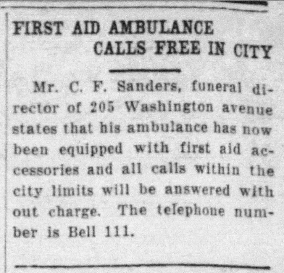 Mr. C. F. Sanders, funeral home director, announced his free ambulance service in Lancaster in this Daily Eagle article July 11, 1933.
