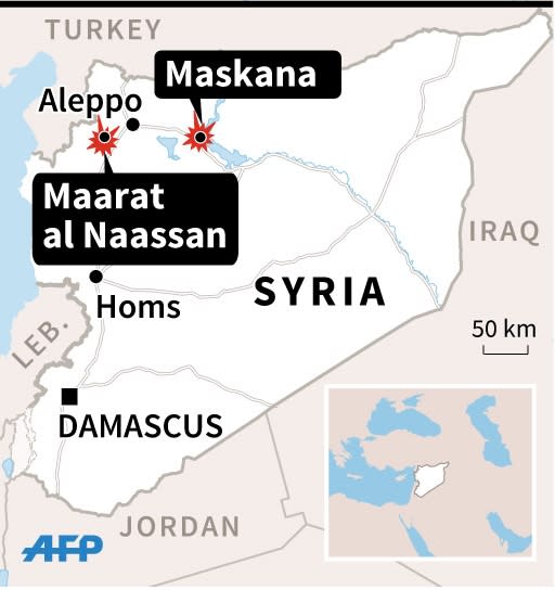 Map of Syria locating areas in Syria where suspected Russian air strikes killed dozens of people. (45 x 47 mm) (AFP Photo/V.Breschi/V.Lefai)
