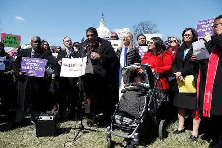 Rev. Dr. William J. Barber speaks during a protest against the repeal of the Affordable Care Act outside the Capitol Building in Washington, U.S., March 22, 2017. REUTERS/Aaron P. Bernstein