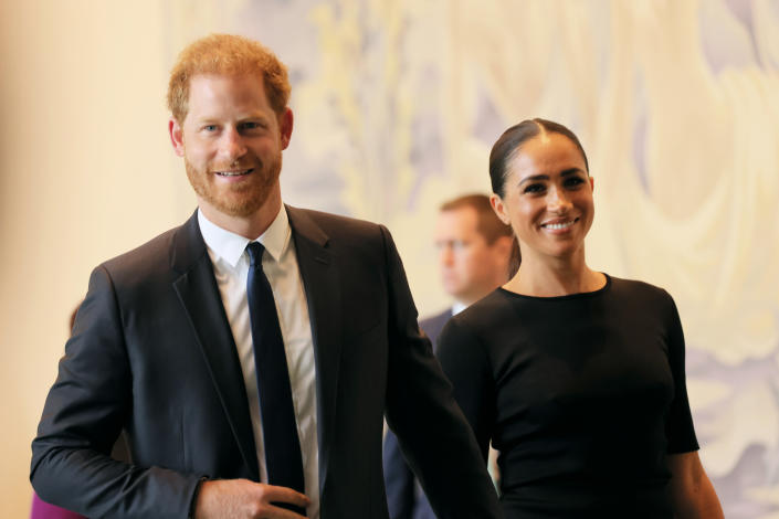 NEW YORK, NEW YORK - JULY 18:  Prince Harry, Duke of Sussex and Meghan, Duchess of Sussex arrive at the United Nations Headquarters on July 18, 2022 in New York City. Prince Harry, Duke of Sussex is the keynote speaker during the United Nations General assembly to mark the observance of Nelson Mandela International Day where the 2020 U.N. Nelson Mandela Prize will be awarded to Mrs. Marianna Vardinogiannis of Greece and Dr. Morissanda Kouyat&#xc3;&#xa9; of Guinea.  (Photo by Michael M. Santiago/Getty Images)