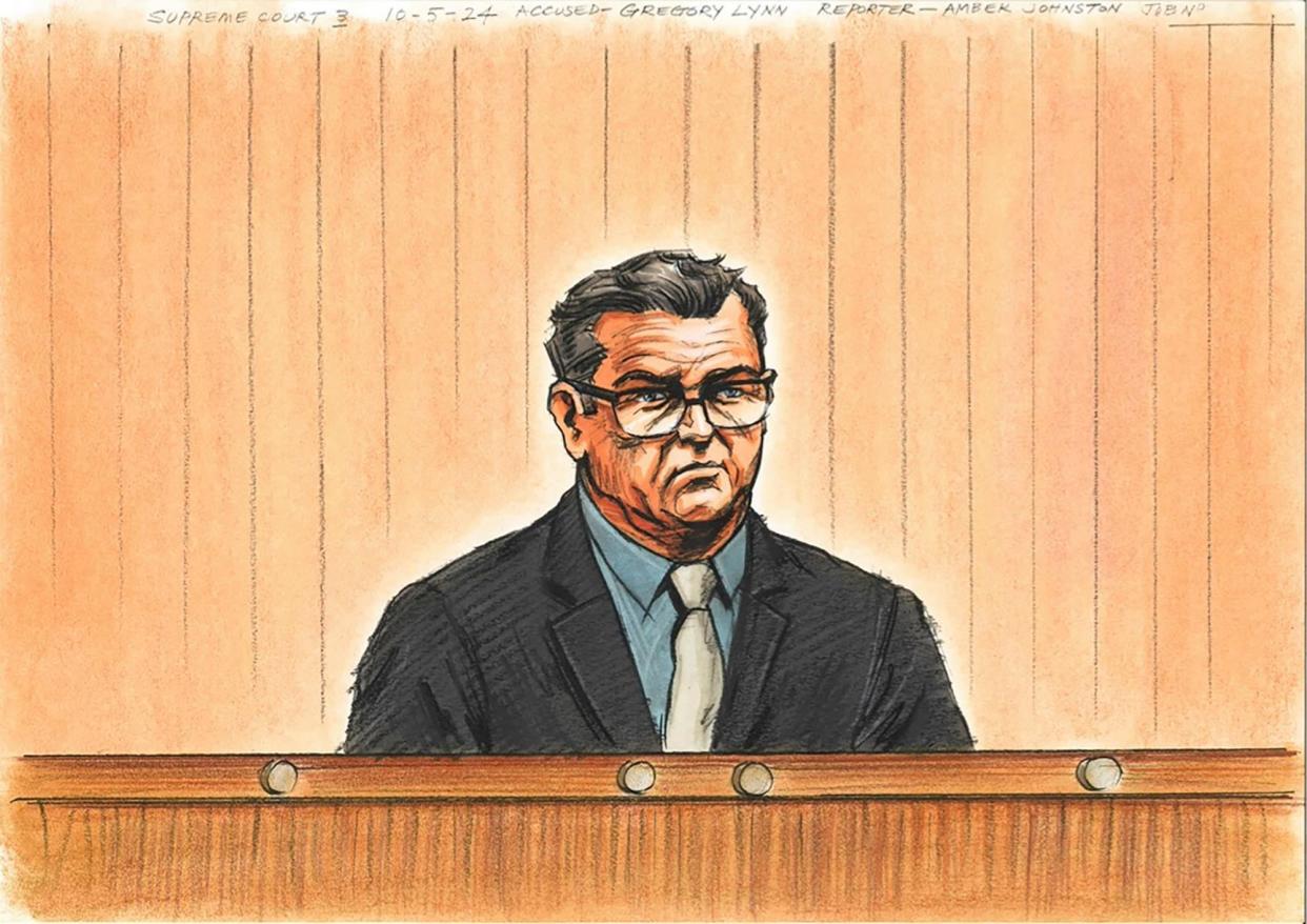 <span>A court sketch of Greg Lynn. A jury has retired to consider a verdict in the double-murder trial of the former Jetstar pilot, who has pleaded not guilty to killing Russell Hill and Carol Clay in Victoria’s Wonnangatta Valley.</span><span>Photograph: Paul Tyquin/AAP</span>