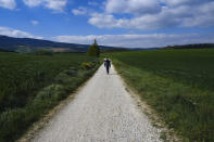 Martim Thomas, 41, from Switzerland, walks along a path during a stage of "Camino de Santiago" or St. James Way near Pamplona, northern Spain, Thursday, April 14, 2021. The pilgrims are trickling back to Spain's St. James Way after a year of being kept off the trail due to the pandemic. Many have committed to putting their lives on hold for days or weeks to walk to the medieval cathedral in Santiago de Compostela in hopes of healing wounds caused by the coronavirus. (AP Photo/Alvaro Barrientos)