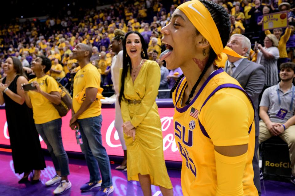 LSU guard Alexis Morris (45) reacts as she is recognized on senior night in front of a record crowd at the end of an NCAA college basketball game against Mississippi State, Sunday, Feb. 26, 2023, in Baton Rouge, La. (AP Photo/Matthew Hinton)