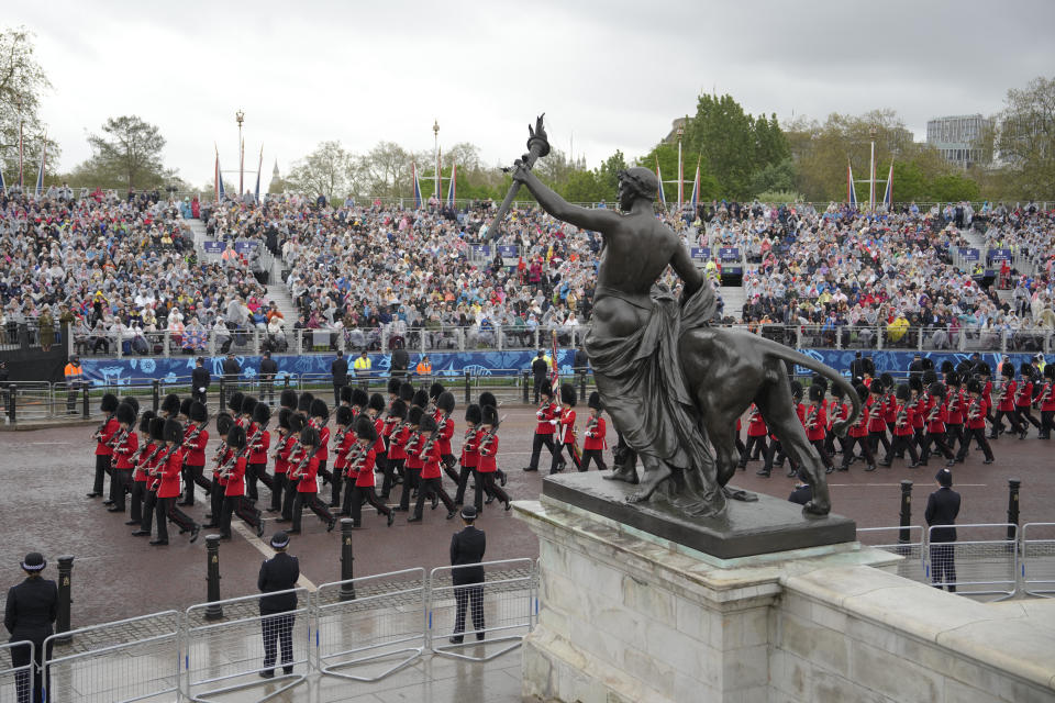 <p>Foot Guards march at the Mall in preparation for the coronation ceremony for Britain's King Charles III in London Saturday, May 6, 2023. (AP Photo/Vadim Ghirda)</p> 