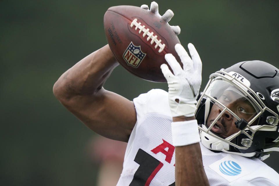 Atlanta Falcons wide receiver Russell Gage (14) runs drills during NFL football practice on Tuesday, Aug. 3, 2021, in Flowery Branch, Ga. (AP Photo/Brynn Anderson)