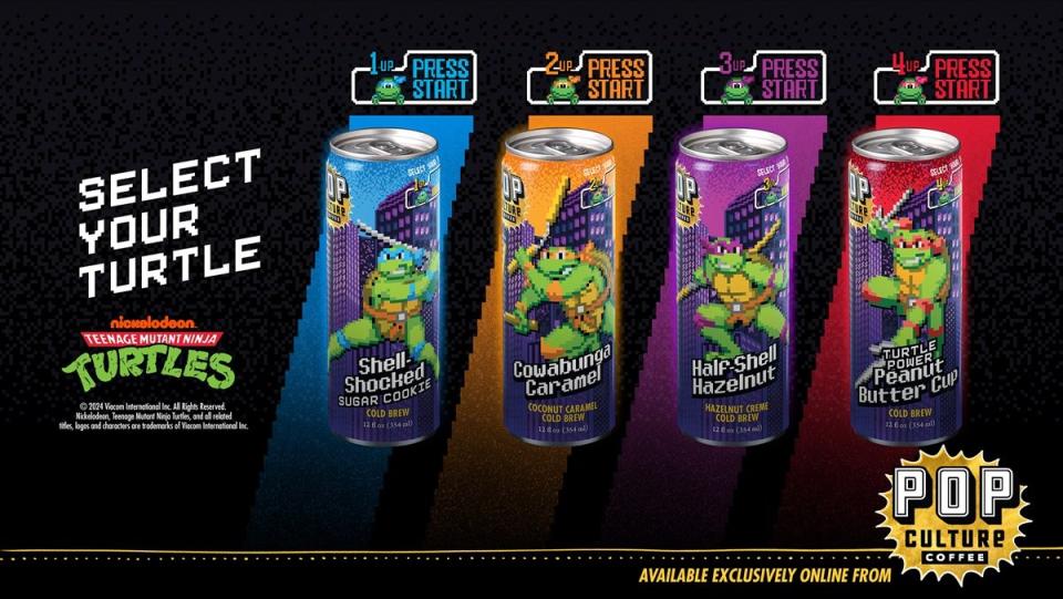 Pop Culture Coffee's new Teenage Mutant Ninja Turtles flavors, in their video game inspired cans.