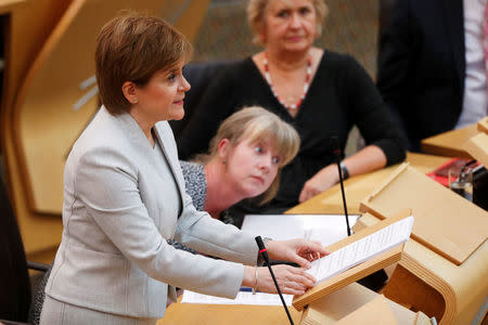 Scotland's First Minister Nicola Sturgeon speaks at Scotland's Parliament in Edinburgh, Britain, September 5, 2017. REUTERS/Russell Cheyne