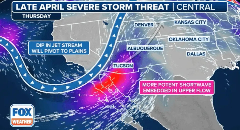 Severe thunderstorm setup over the Plains on by Thursday and Friday.