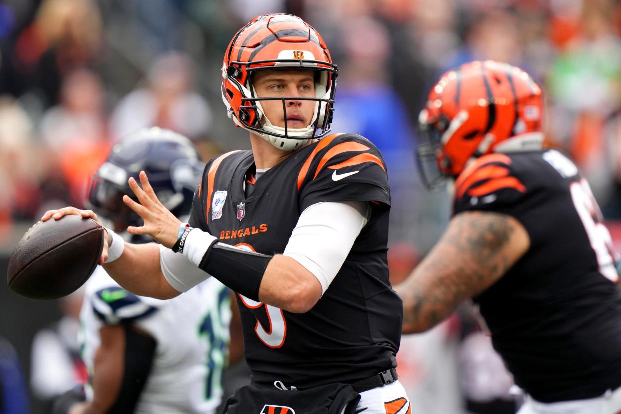 Cincinnati Bengals quarterback Joe Burrow (9) throws in the fourth quarter during an NFL football game between the Seattle Seahawks and the Cincinnati Bengals Sunday, Oct. 15, 2023, at Paycor Stadium in Cincinnati. The Cincinnati Bengals won, 17-13.
