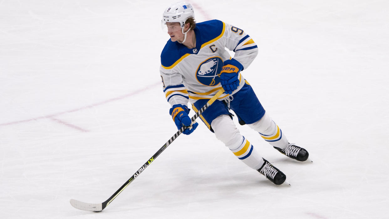 UNIONDALE, NY - MARCH 07: Buffalo Sabres Center Jack Eichel (9) skates with the puck during the third period of the National Hockey League game between the Buffalo Sabres and the New York Islanders on March 7, 2021, at the Nassau Veterans Memorial Coliseum in Uniondale, NY. (Photo by Gregory Fisher/Icon Sportswire via Getty Images)