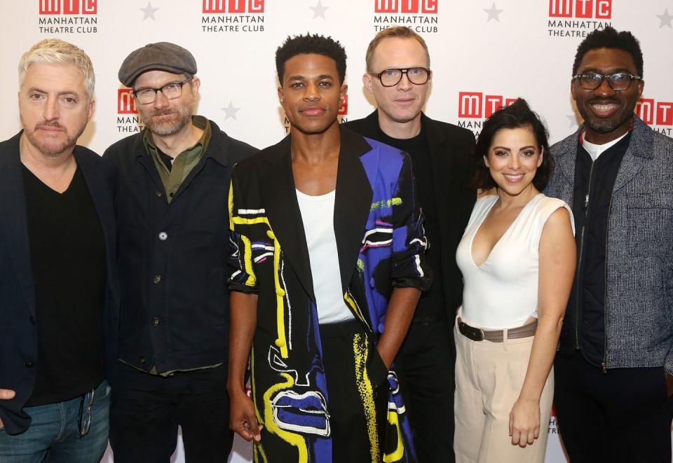 <span class="caption"><em>The Collaboration </em>writerAnthony McCarten with Erik Jensen, Jeremy Pope, Paul Bettany, Krysta Rodriguez, the stars of the Broadway production, and Kwame Kwei-Armah.</span><span class="photo-credit">Bruce Glikas - Getty Images</span>