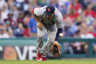 St. Louis Cardinals third baseman Nolan Arenado cannot field a grounder by Philadelphia Phillies' Garrett Stubbs during the fifth inning of a baseball game, Friday, July 1, 2022, in Philadelphia. Stubbs reached first base and Arenado was charged with an error on the play. (AP Photo/Matt Slocum)