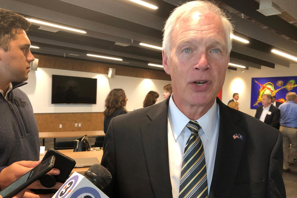 Republican U.S. Sen. Ron Johnson, of Wisconsin, says there is nothing improper with President Donald Trump calling on the Ukraine and China to investigate former Vice President Joe Biden and his son on Thursday, Oct. 3, 2019, in Madison, Wisconsin. Johnson says it is common for foreign governments to provide information to U.S. law enforcement agencies. (AP Photo/Scott Bauer)