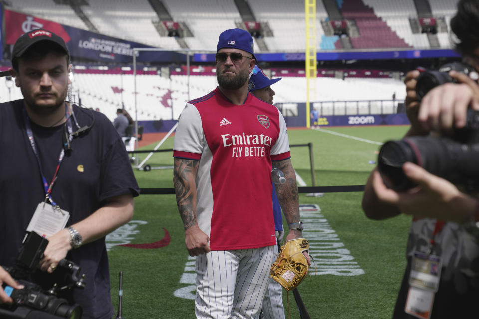 St. Louis Cardinals' coach Mike Napoli attends a training session ahead of the baseball match against Chicago Cubs at the MLB World Tour London Series, in London Stadium. (AP Photo/Kin Cheung)