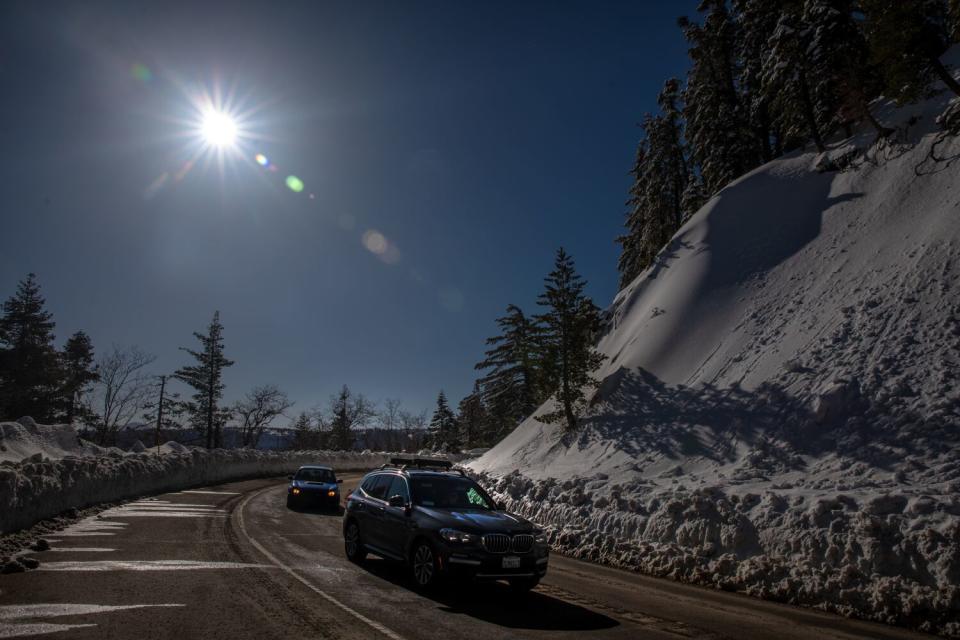 Snow along the sides of Highway 18 on Saturday.