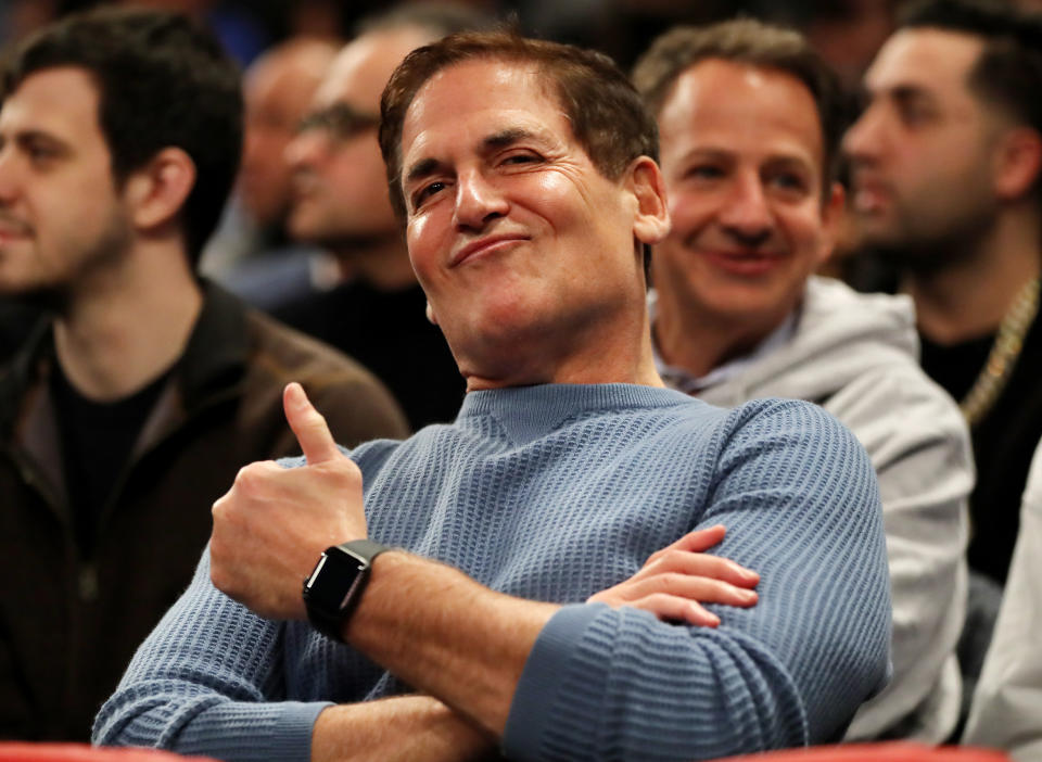 NEW YORK, NEW YORK - JANUARY 30:   Dallas Mavericks Mark Cuban smiles during the game between the New York Knicks and the Dallas Mavericks at Madison Square Garden on January 30, 2019 in New York City.NOTE TO USER: User expressly acknowledges and agrees that, by downloading and or using this photograph, User is consenting to the terms and conditions of the Getty Images License Agreement.  (Photo by Elsa/Getty Images)