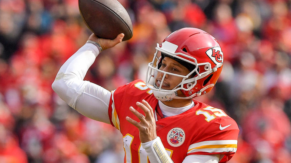 Kansas City Chiefs quarterback Patrick Mahomes throws a touchdown pass to wide receiver Tyreek Hill in the second quarter against the Arizona Cardinals to set a new Chiefs touchdown passing record. Pic: Getty