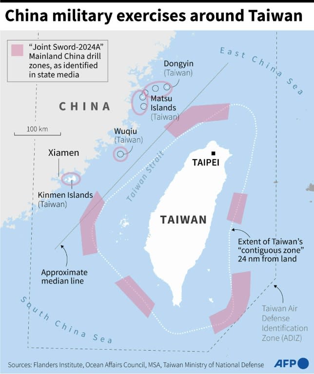 Map of Taiwan showing zones identified in Chinese military exercises around the island, according to mainland media (Nicholas SHEARMAN)