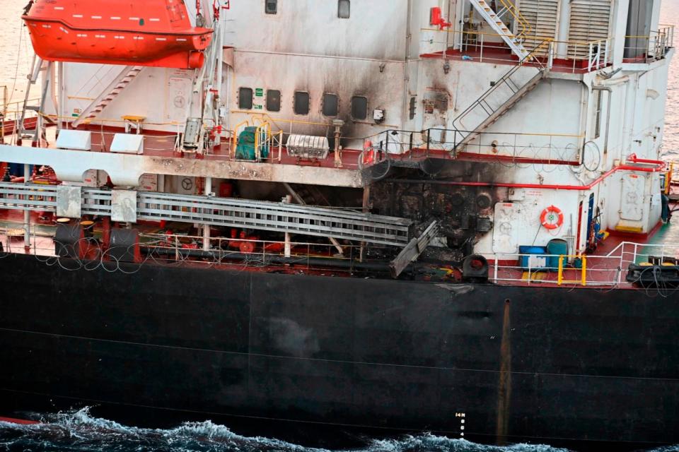 PHOTO: This photograph provided by the Indian Navy shows U.S.-owned ship Genco Picardy that came under attack Wednesday from a bomb-carrying drone launched by Yemen's Houthi rebels in the Gulf of Aden, Jan.18, 2024. (Indian Navy via AP)