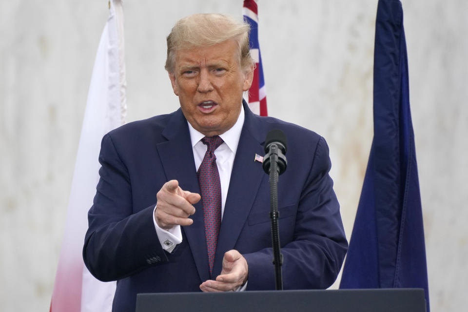 President Donald Trump speaks at a 19th anniversary observance of the Sept. 11 terror attacks, at the Flight 93 National Memorial in Shanksville, Pa., Friday, Sept. 11, 2020. (AP Photo/Gene J. Puskar)