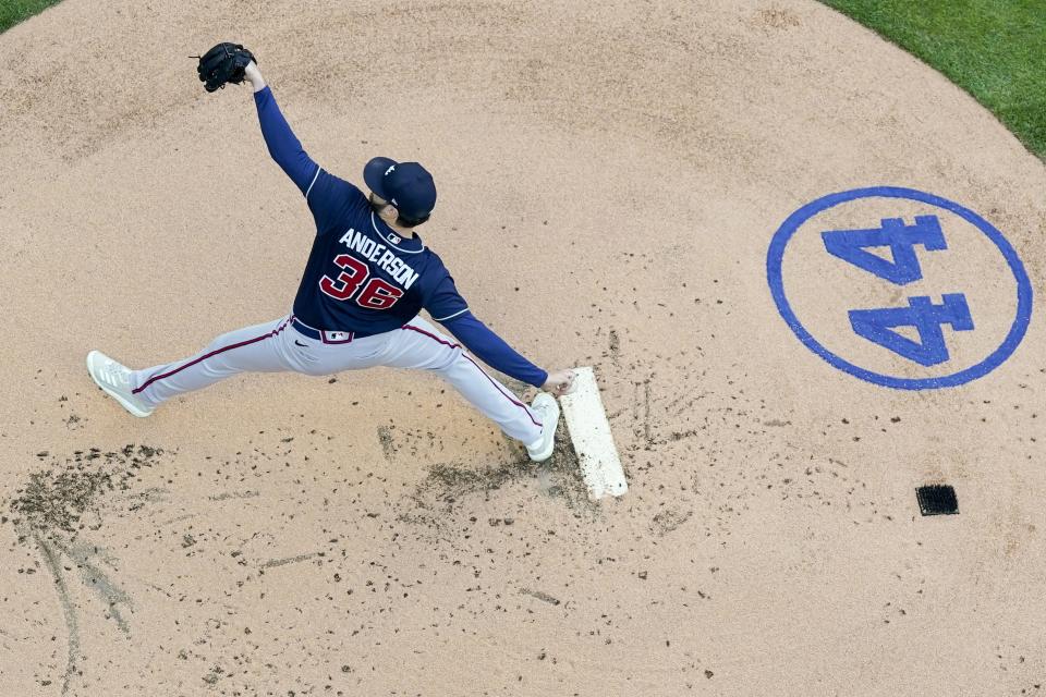 Atlanta Braves starting pitcher Ian Anderson throws during the first inning of a baseball game against the Milwaukee Brewers Monday, May 16, 2022, in Milwaukee. (AP Photo/Morry Gash)