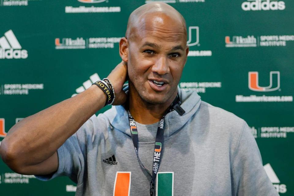 Miami Hurricanes defensive line coach Jason Taylor talks to reporters after football practice at the University of Miami campus in Coral Gables, Florida, Thursday, April 6, 2023.