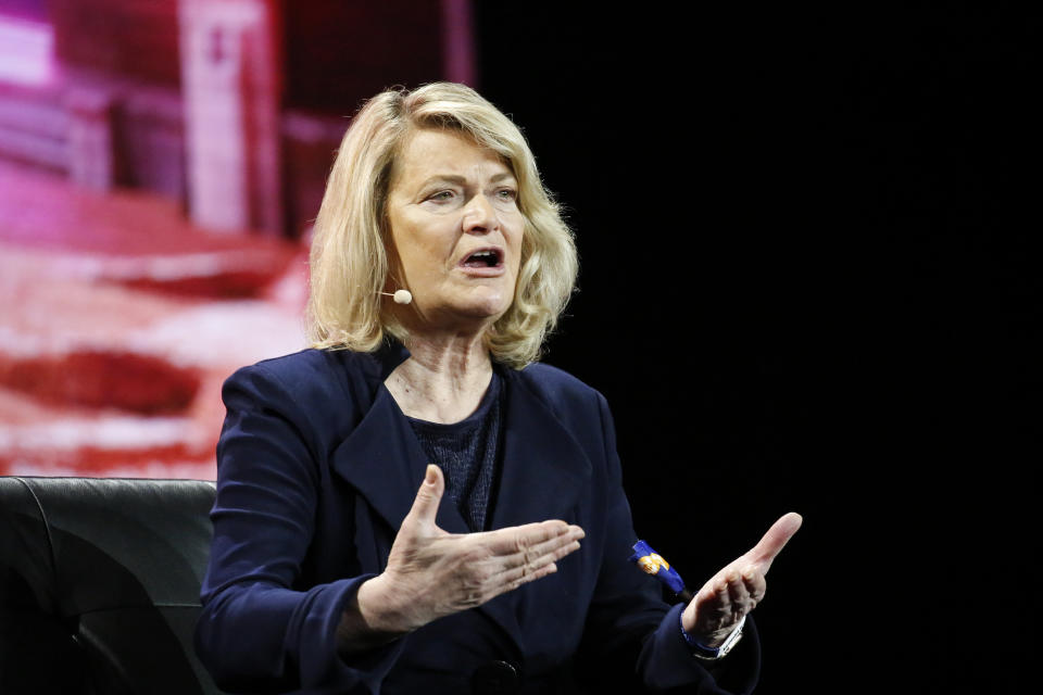 MIAMI, FLORIDA - APRIL 8:  U.S. Sen Cynthia Lummis (R-WY) gestures as she speaks during the Bitcoin 2022 Conference at Miami Beach Convention Center on April 8, 2022 in Miami, Florida. The worlds largest bitcoin conference runs from April 6-9, expecting over 30,000 people in attendance and over 7 million live stream viewers worldwide.(Photo by Marco Bello/Getty Images)