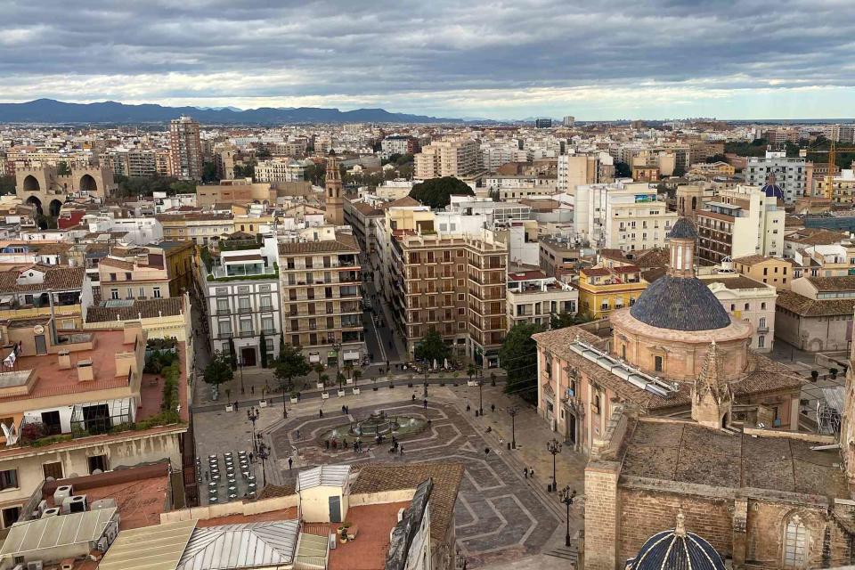 <p>Rachel Chang/Travel + Leisure</p> Aerial view of Plaza de la Virgen and Valencia Cathedral 