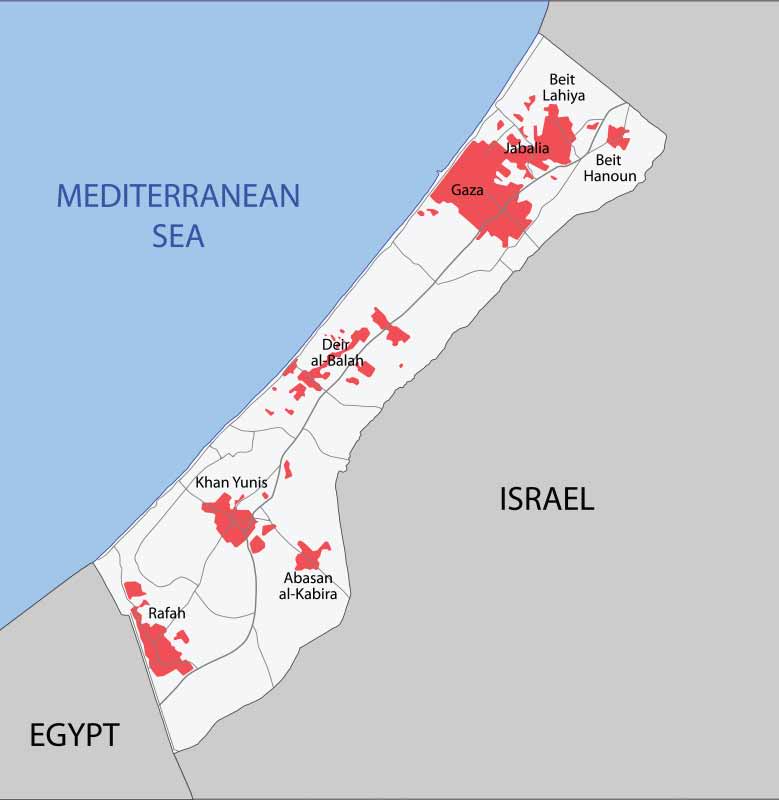 Map of Gaza Strip with roads and cities. (Getty)