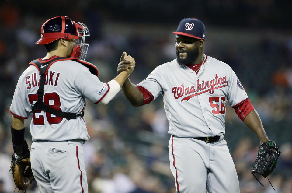 Nationals reliever Fernando Rodney ties an MLB record by notching a save with his ninth different team. (AP Photo/Duane Burleson)
