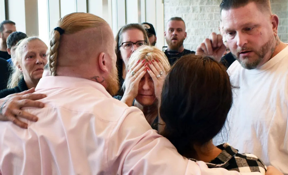 Joseph Noe meet with family and friends after the not guilty verdict.