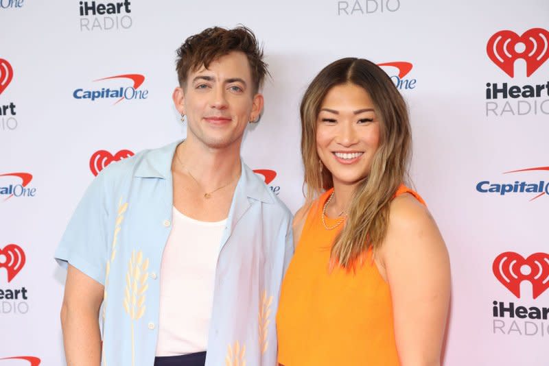 Kevin McHale (L) and Jenna Ushkowitz arrive for the iHeartRadio Music Festival at T-Mobile Arena in Las Vegas in 2022. File Photo by James Atoa/UPI