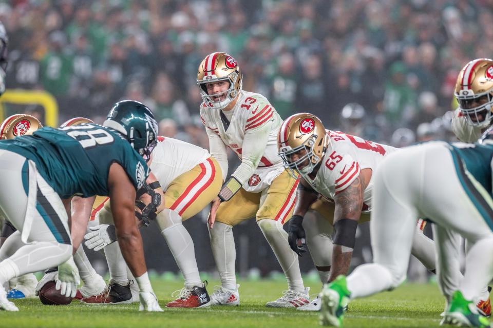 San Francisco 49ers quarterback Brock Purdy (13) lines up behind center against the Philadelphia Eagles in an NFL football game, Sunday, Dec. 3, 2023, in Philadelphia, PA. 49ers defeat the Eagles 42-19. (AP Photo/Jeff Lewis)