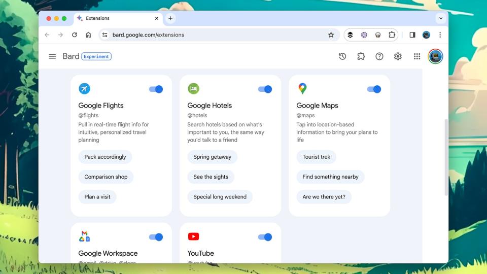 Google Bard extensions in a Chrome browser window.