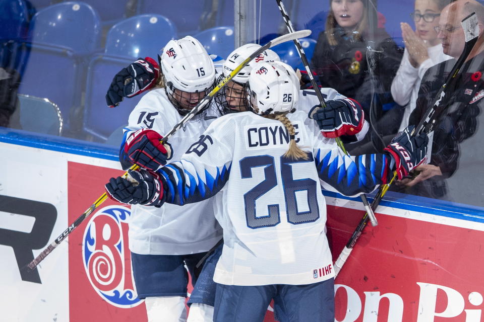 U.S. forwards Sydney Brodt, Brianna Decker and Kendall Coyne Schofield, from left, celebrate a goal against Canada during the second period of the Four Nations Cup hockey gold-medal game in Saskatoon, Saskatchewan, Saturday, Nov. 10, 2018. (Liam Richards/The Canadian Press via AP)