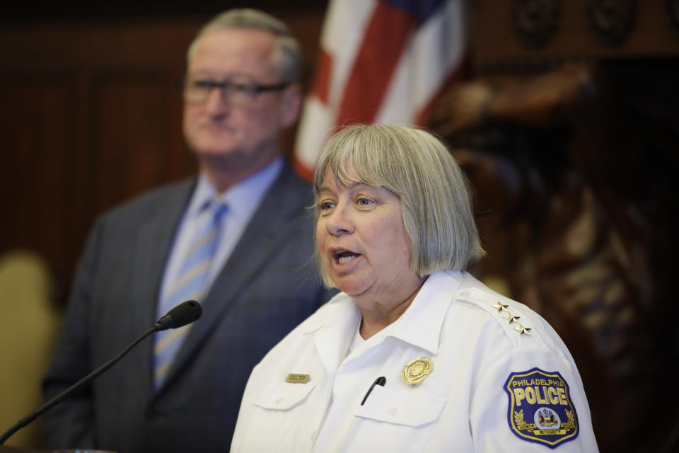 Philadelphia's acting Police Commissioner Christine Coulter, accompanied by Mayor Jim Kenney, speaks with members of the media during a news conference at at City Hall in Philadelphia, Wednesday, Aug. 21, 2019. She will be filling in after former police commissioner Richard Ross resigned on Tuesday, Aug. 20, 2019. (AP Photo/Matt Rourke)