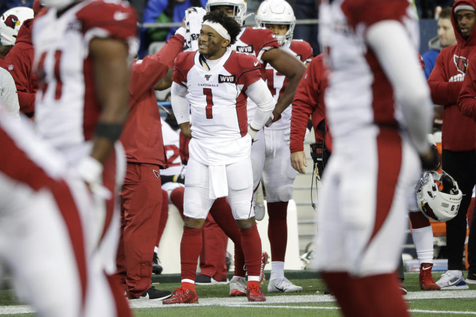 Arizona Cardinals starting quarterback Kyler Murray (1) stands on the sideline after leaving with an injury during the second half of an NFL football game against the Seattle Seahawks, Sunday, Dec. 22, 2019, in Seattle. (AP Photo/Elaine Thompson)