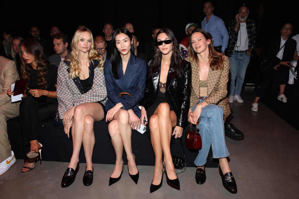 MILAN, ITALY - SEPTEMBER 22: (L-R) Gemma Ward, Liu Wen, Vittoria Ceretti and Élise Crombez are seen at Gucci Ancora during Milan Fashion Week on September 22, 2023 in Milan, Italy. (Photo by Daniele Venturelli/Getty Images for Gucci)