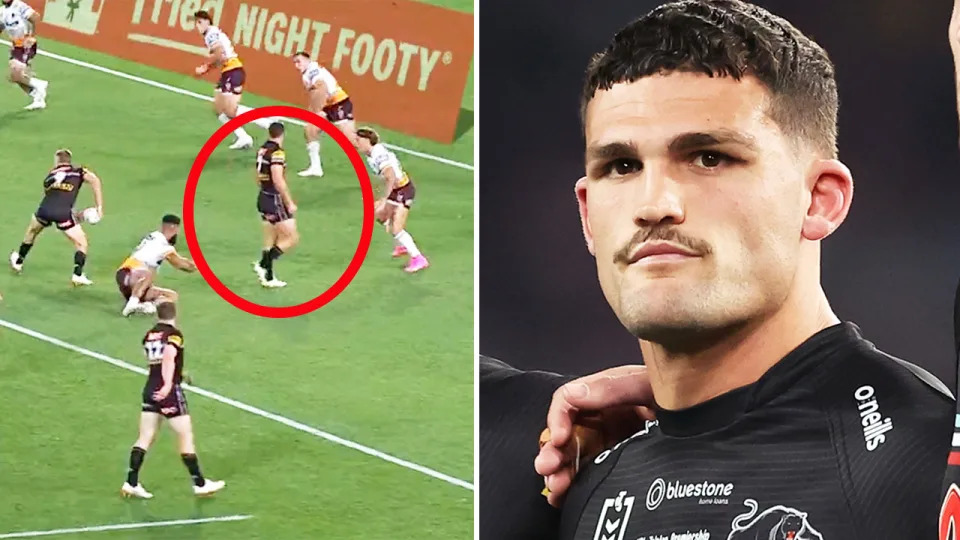 Nathan Cleary walking after an injury and Cleary watching on.