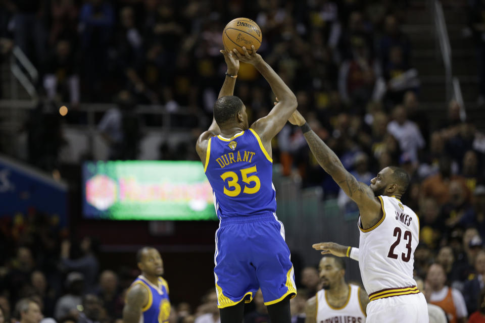 Kevin Durant’s pull-up 3-pointer over LeBron James was the defining shot of the 2016-17 NBA season. (AP)