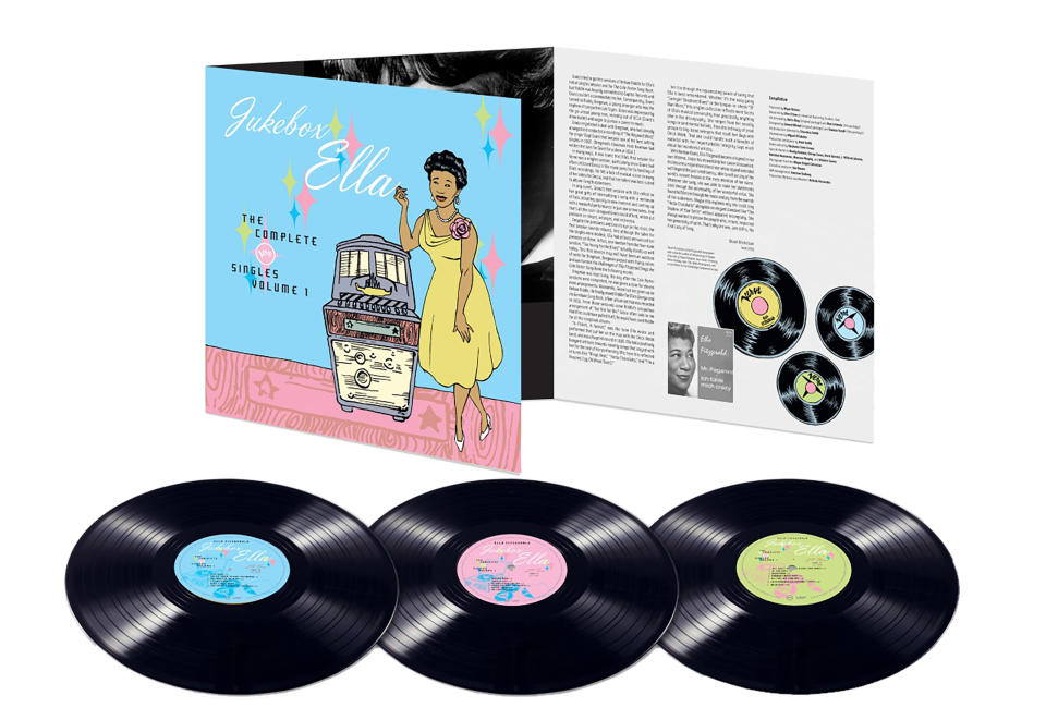 This image released by Decca shows a product shot from the three LP box set “Ella Fitzgerald: Jukebox Ella: The Complete Verve Singles, Vol.1.” (Decca via AP)