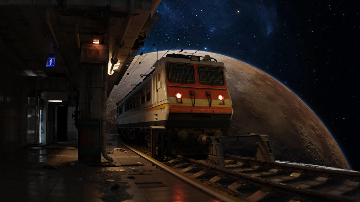  A rendered image of a train stopping at a railway station, with stars and a large planet in the night sky. 
