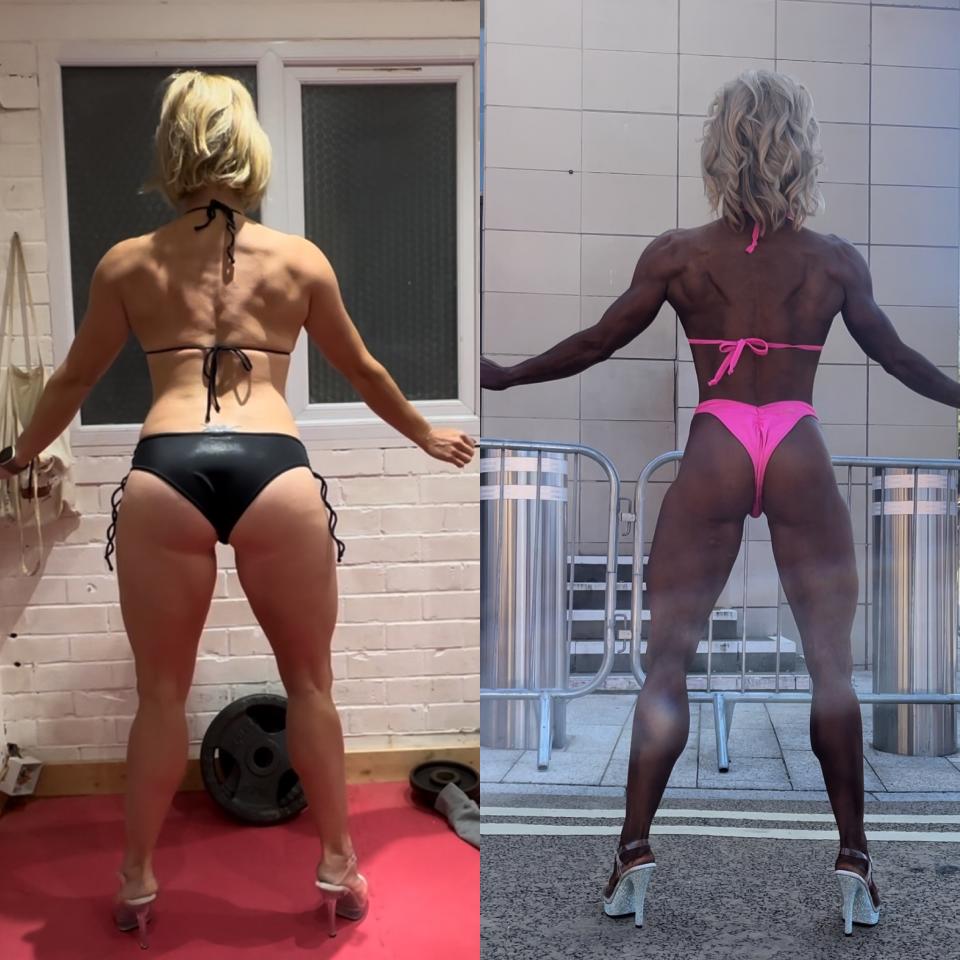  Ellen Manning, left in December 2023 before starting her extreme diet and right in May 2024 at her first bodybuilding competition. (Supplied)