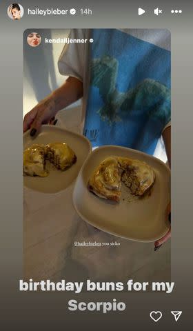 <p>Hailey Bieber/ Instagram</p> Hailey Bieber baked cinnamon rolls for Kendall Jenner's 28th birthday.