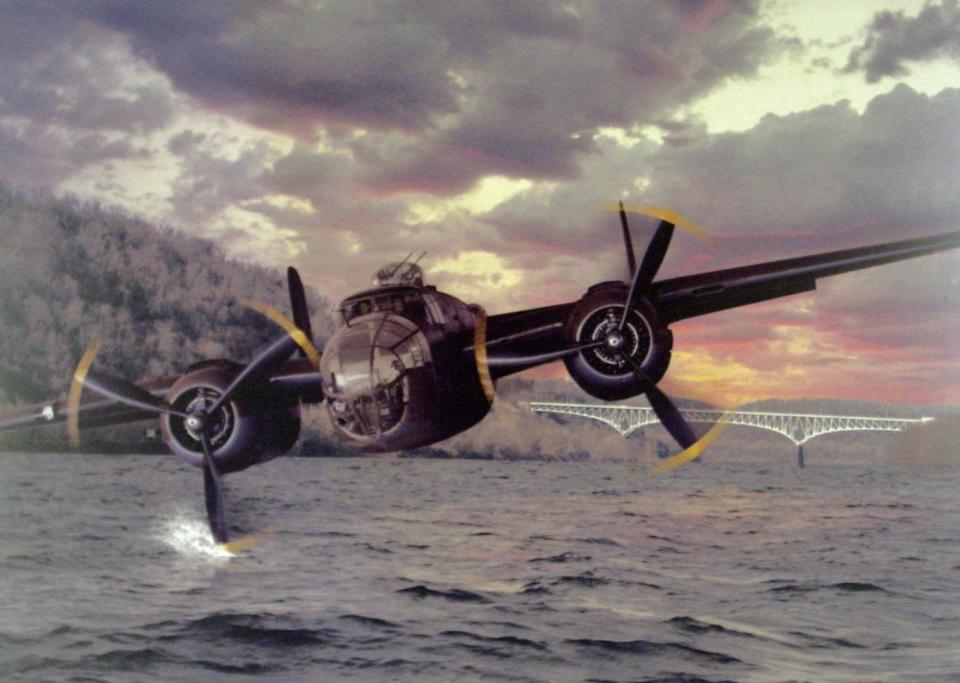 An illustration of the B-25 bomber crash landing in the Monongahela River.
