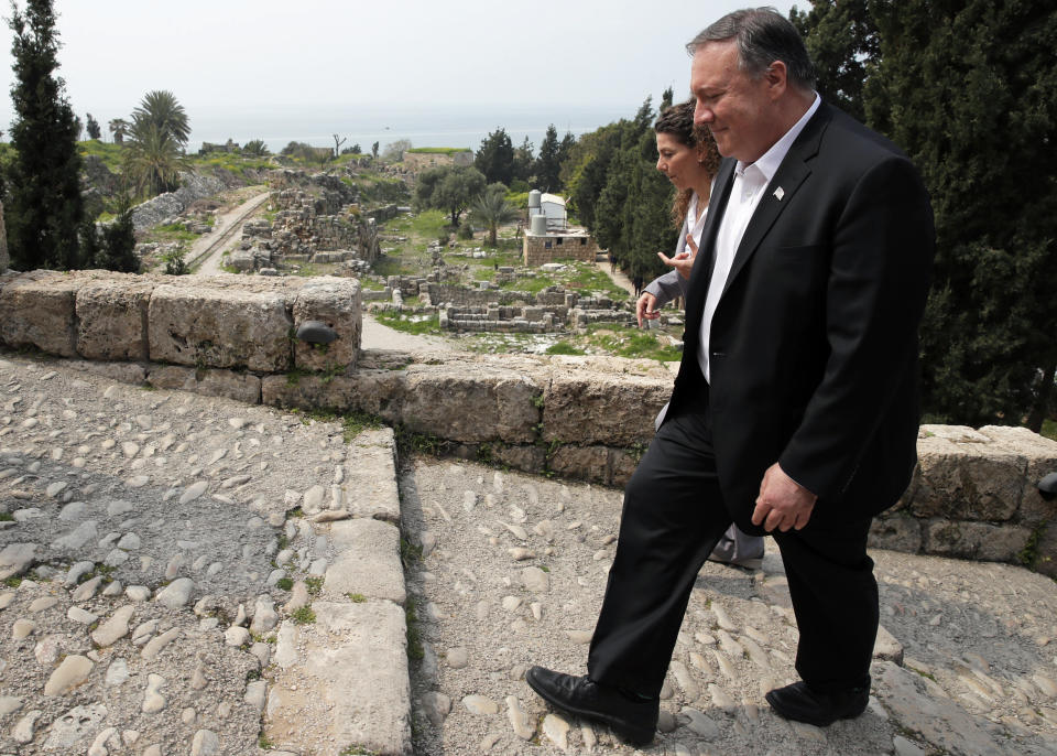 U.S. Secretary of State Mike Pompeo tours the Byblos citadel, in Byblos, Lebanon, Saturday, March 23, 2019. (Jim Young/Pool Photo via AP)