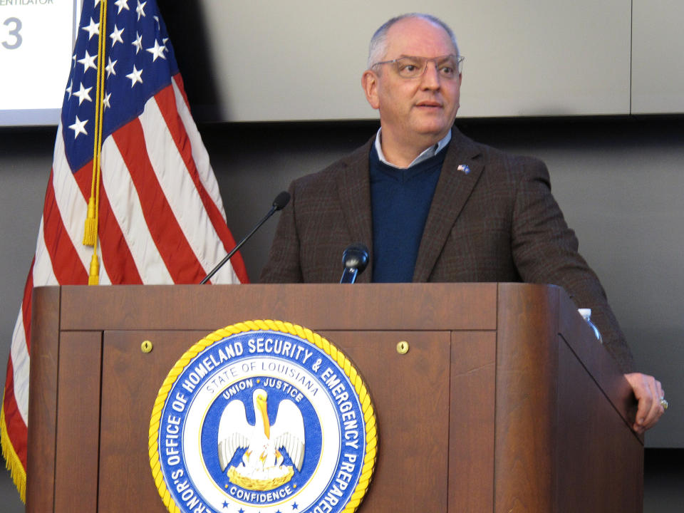 Louisiana Gov. John Bel Edwards speaks about the state's COVID-19 outbreak and vaccination efforts on Tuesday, Jan. 12, 2021, in Baton Rouge, La. (AP Photo/Melinda Deslatte